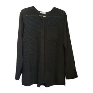 Calvin Klein Top Womens M Medium Black Button Up Cut Out Semi Sheer Long Sleeve
